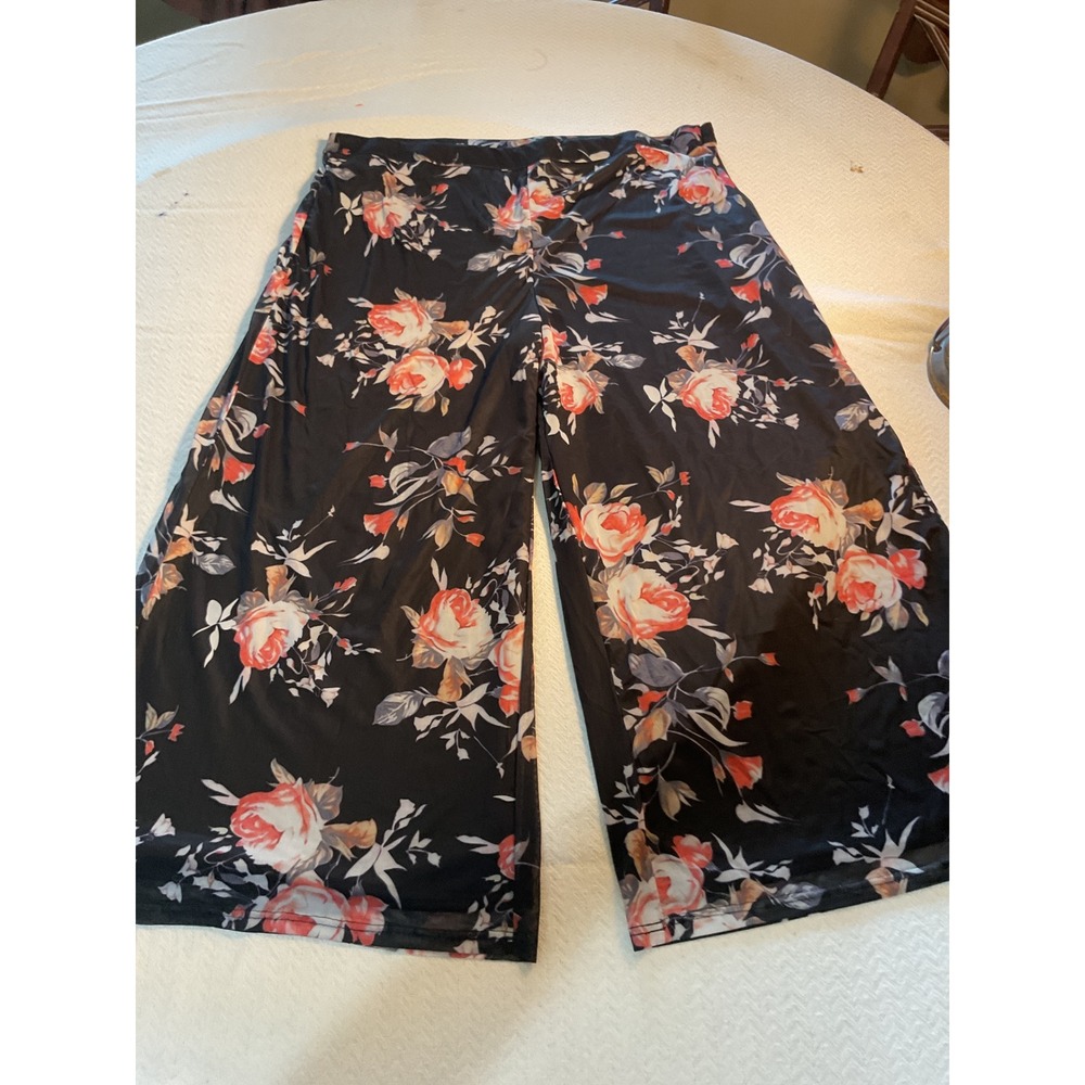 Floral Mesh Wide Leg Culotte Pants Black Coral Plus Size 5XL High Rise Flowy